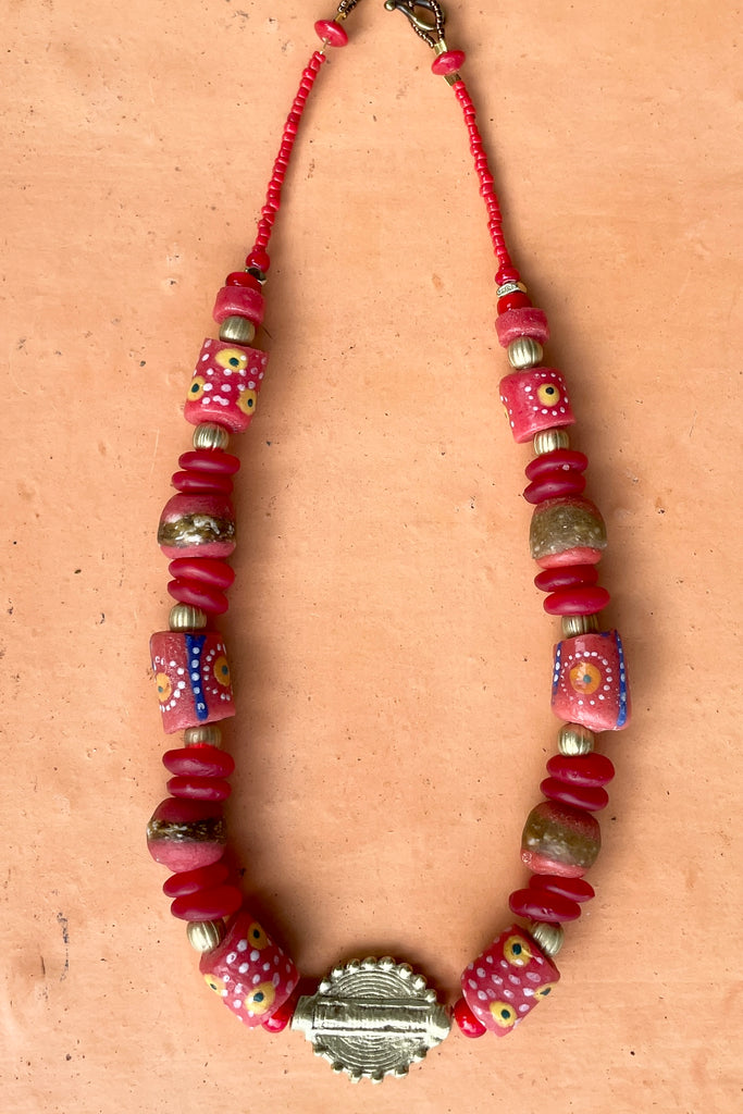 This necklace is from our exclusive range of jewellery highlighting the beautiful African recycled powder glass beads made by the people of Krobo Mountain in Ghana