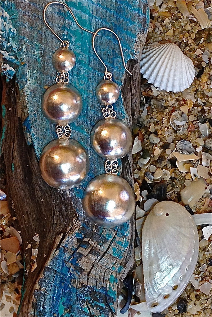 Silver Three Dome Earrings, 925 Silver Brushed Satin Finish Earrings