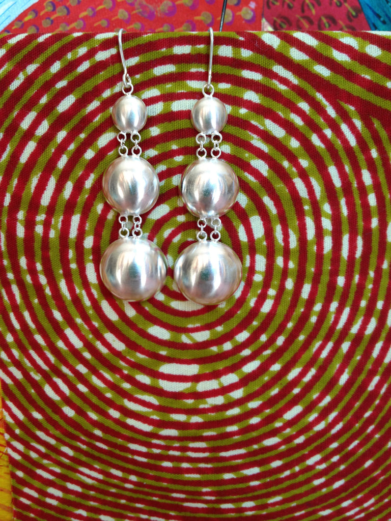 Silver Three Dome Earrings, 925 Silver Brushed Satin Finish Earrings