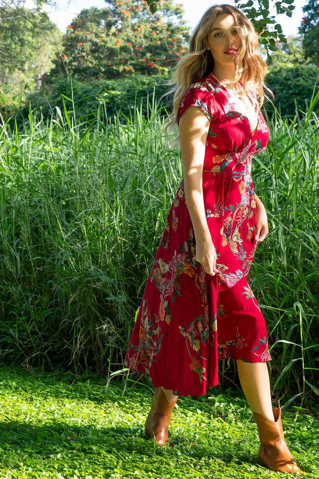 Lizzie Red Midi Dress Mombasa Rose Boutique Vintage Inspired