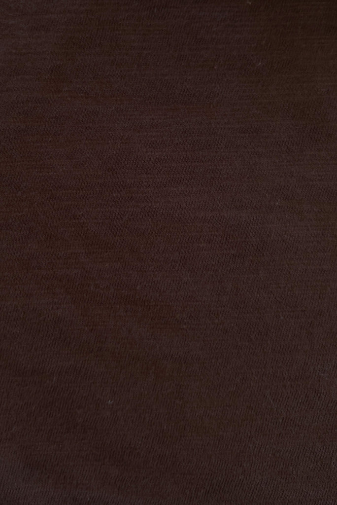 Fabric swatch of Phoenix Tee Chocolate featuring knit cotton/poly blend in dark, rich chocolate colour.
