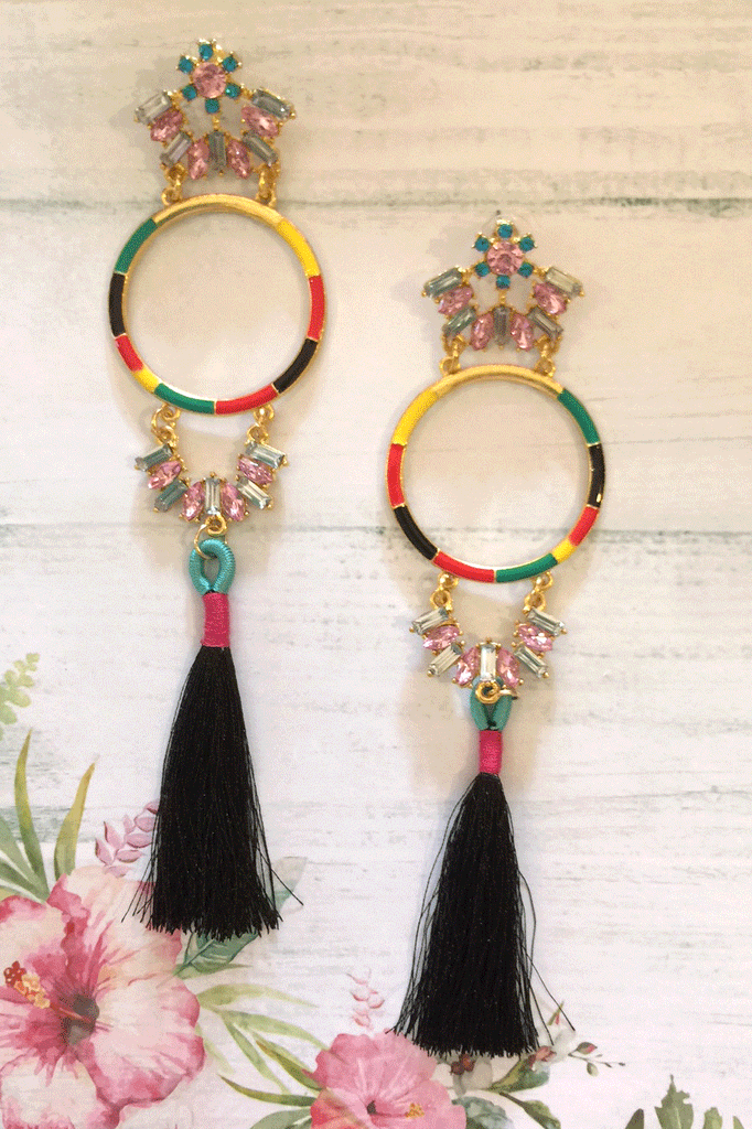 Tassel earrings with diamante, statement earrings, boho style jewellery, earrings for parties