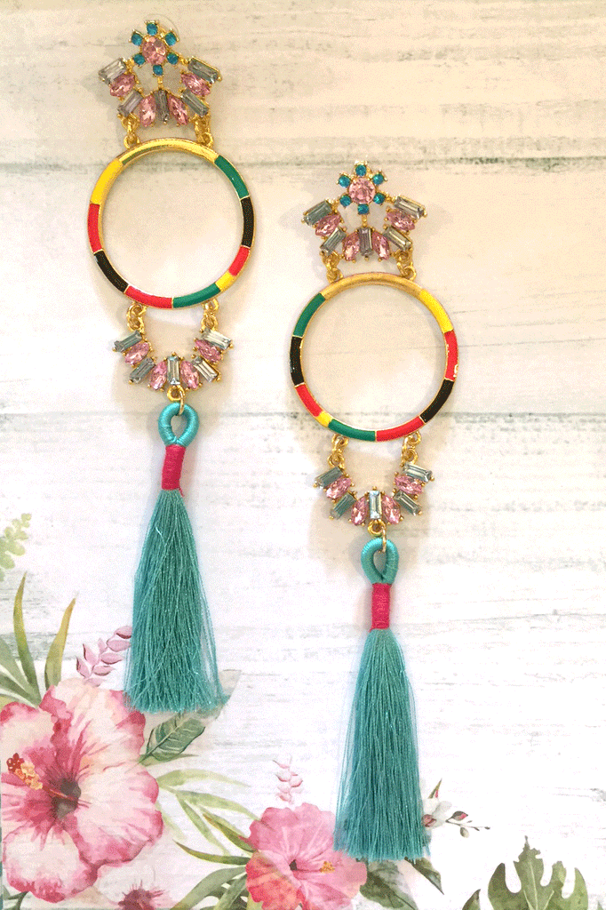 Tassel earrings with diamante, statement earrings, boho style jewellery, earrings for parties