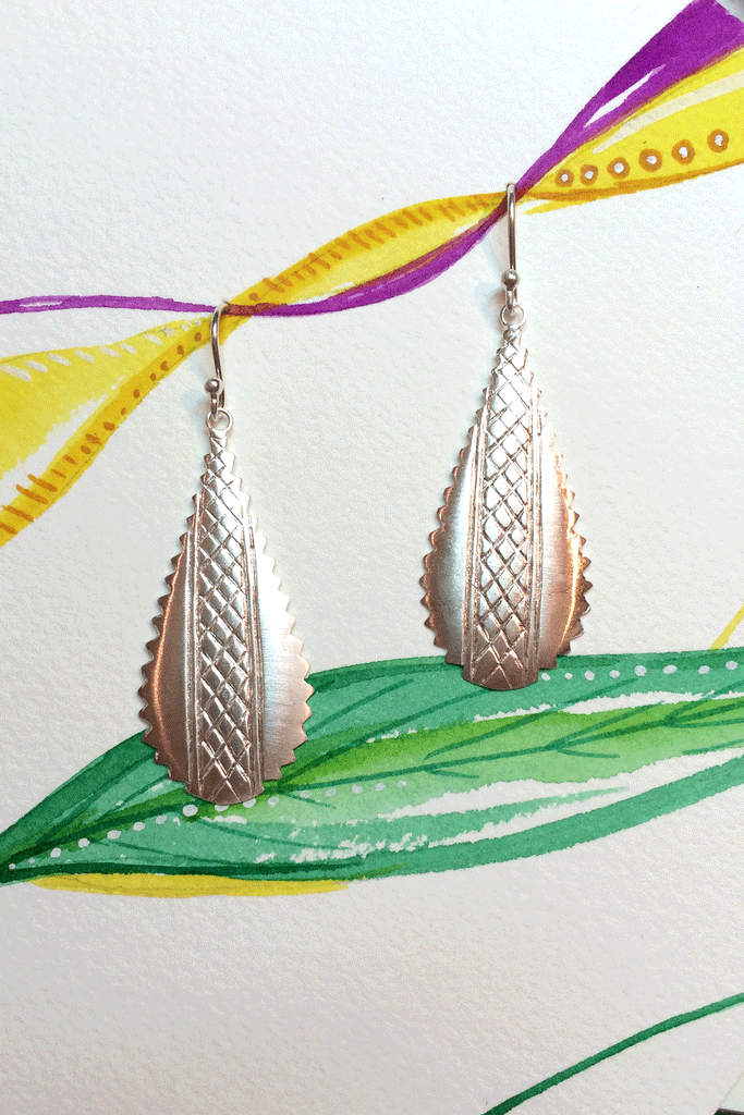 Silver Crosshatched Earrings, 925 Silver Tribal Earrings