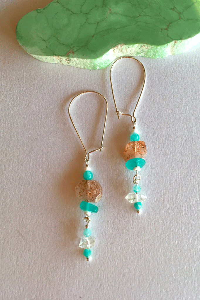 Drop style earrings with Strawberry Quartz, Herkimer diamond and Amazonite.