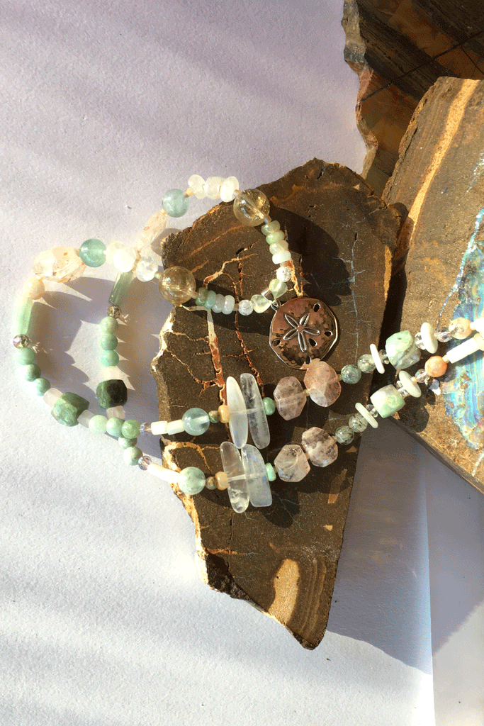 Pretty gemstone necklace with natural gemstones. Perfect to wear with chic boho luxe clothing an exclusive design