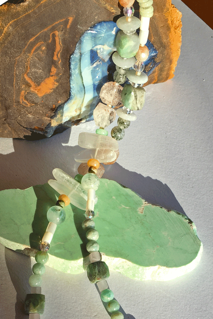 Pretty gemstone necklace with natural gemstones. Perfect to wear with chic boho luxe clothing an exclusive design