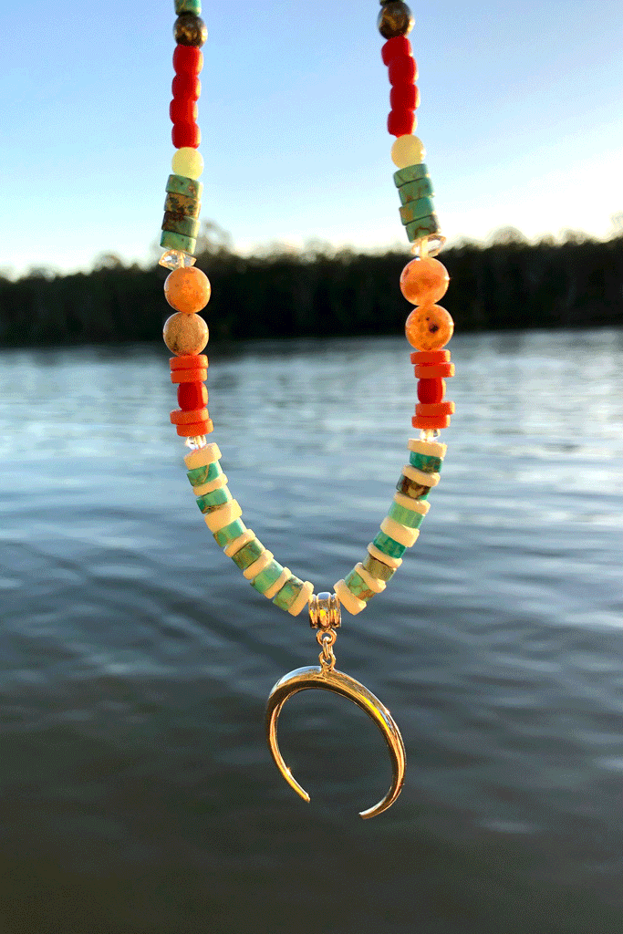 Necklace Cay Crescent Tucson with Natural Gemstones, 925 sterling silver pendant, Stones include Coral, Rock Crystal, Howlite, Haematite, Antique Glass, Rose Quartz, Shell and Antique African beads.
