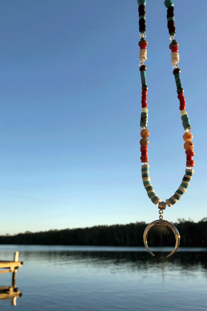 Necklace Cay Crescent Tucson with Natural Gemstones, 925 sterling silver pendant, Stones include Coral, Rock Crystal, Howlite, Haematite, Antique Glass, Rose Quartz, Shell and Antique African beads.