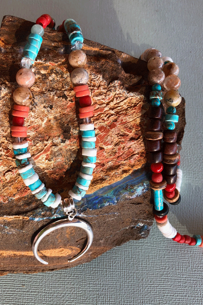 Necklace Cay Crescent Tucson with Natural Gemstones, 925 sterling silver pendant, Stones include Coral, Rock Crystal, Howlite, Haematite, Antique Glass, Rose Quartz, Shell and Antique African beads.