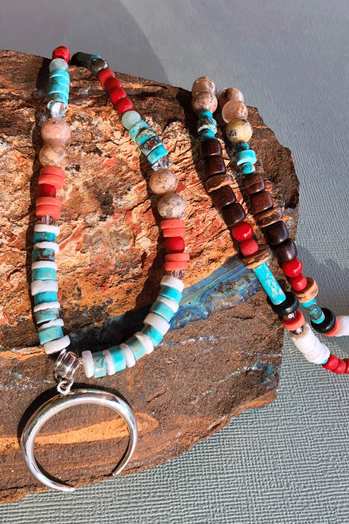 Necklace Cay Crescent Tucson with Natural Gemstones, 925 sterling silver pendant, Stones include Coral, Rock Crystal, Howlite, Haematite, Antique Glass, Rose Quartz, Shell and Antique African beads.