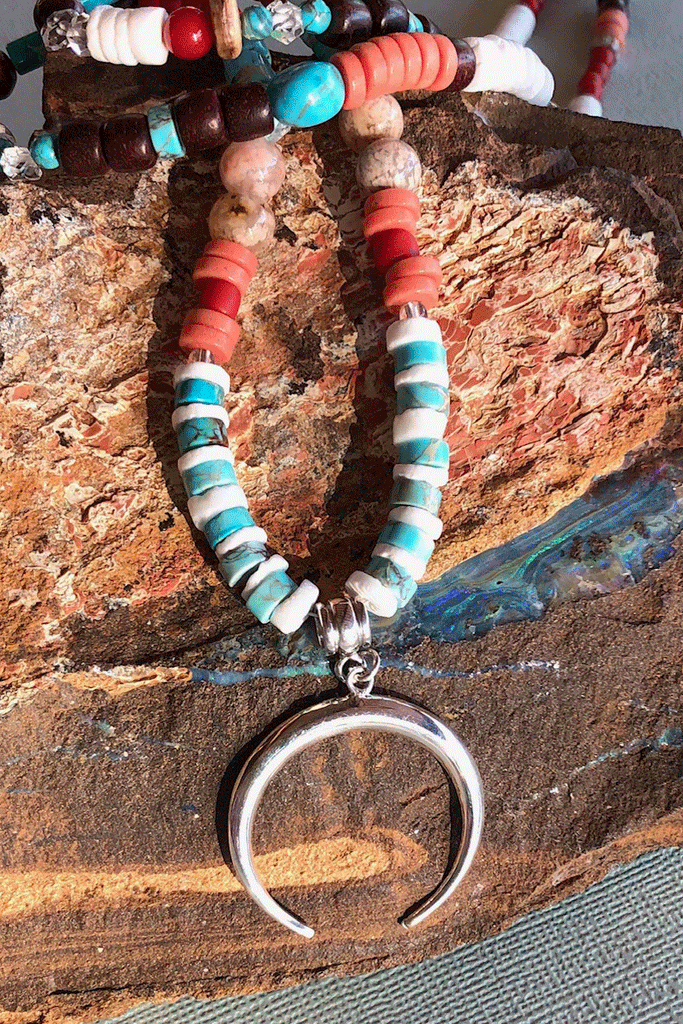 Necklace Cay Crescent Tucson with Natural Gemstones, 925 sterling silver pendant, Stones include Coral, Rock Crystal, Howlite, Haematite, Antique Glass, Rose Quartz, Shell and Antique African beads.