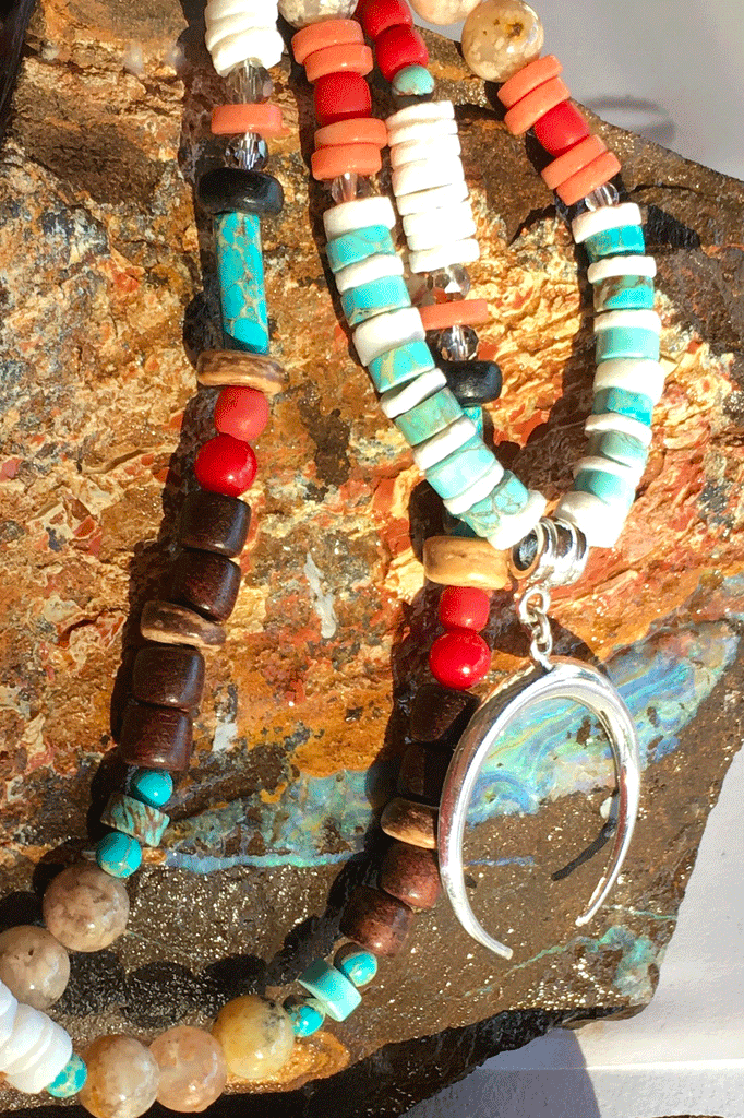 Necklace Cay Crescent Tucson with Natural Gemstones, 925 sterling silver pendant, Stones include Coral, Rock Crystal, Howlite, Haematite, Antique Glass, Rose Quartz, Shell and Antique African beads.