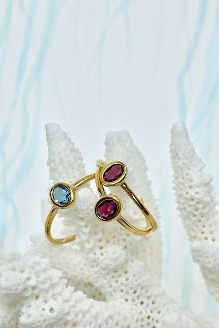 A lovely classic bezel set gemstone ring, choose a bright Rhodolite garnet or a sweet blue topaz. Rose gold vermeil setting.